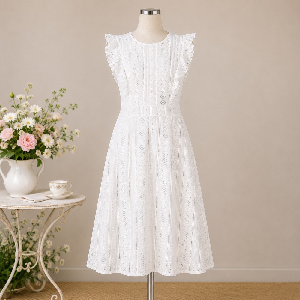 ECOWISH Eyelet Midi Dress Large White Ruffle Sleeve 100% Cotton Lined A-Line
